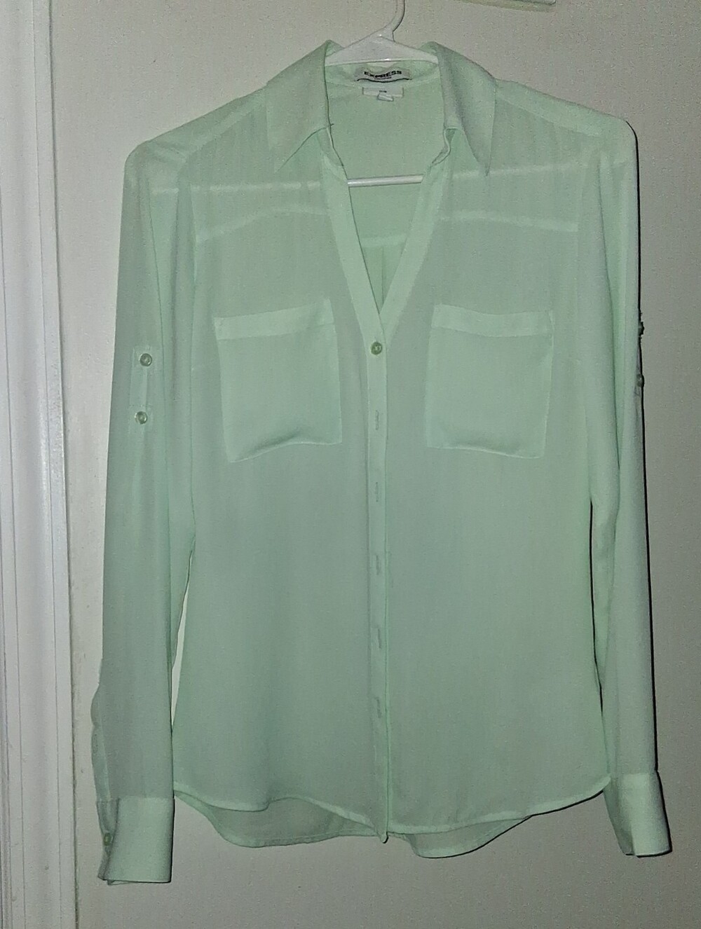 Express Mint Green Sheer Button-Front Blouse